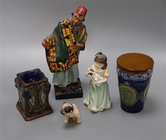Two Doulton figures, a dog and two Doulton stoneware